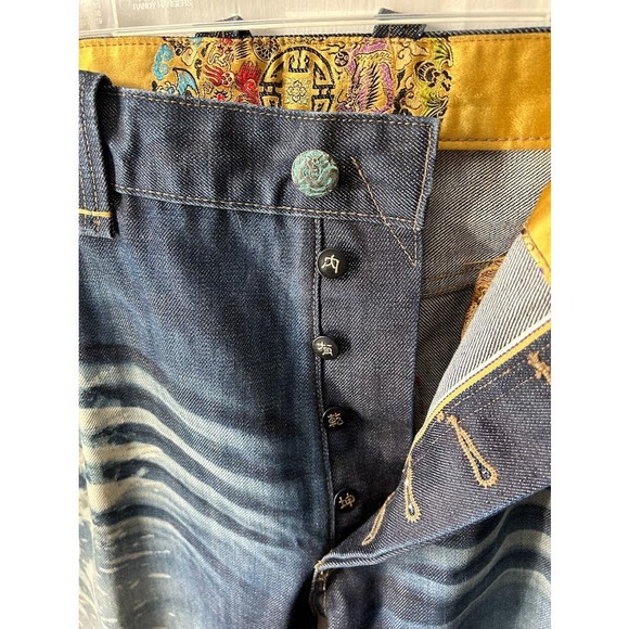 Vintage China rare factory distressed Jeans embroidered button dragon size 40 - Picture 7 of 16